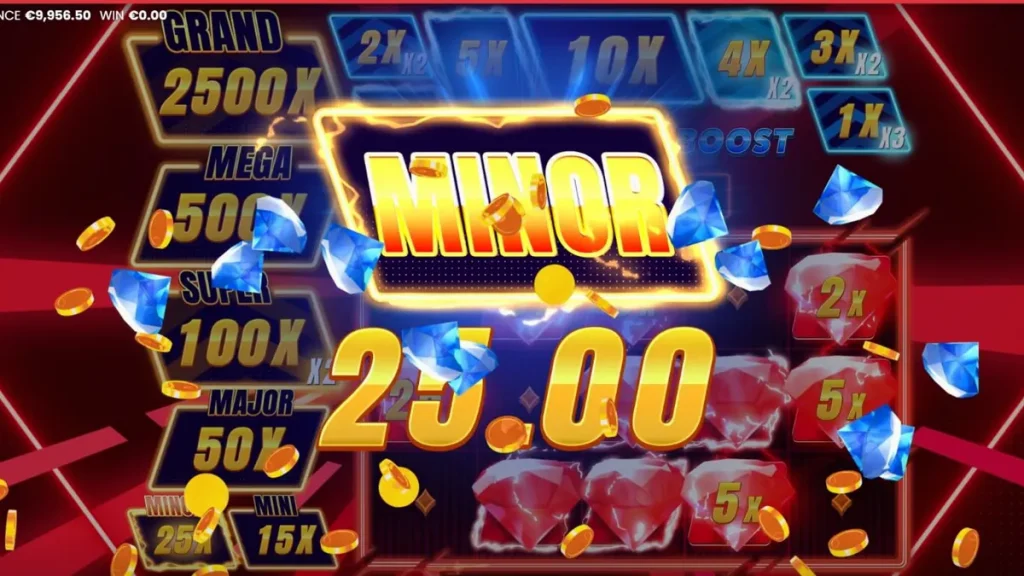 Tampilan layar permainan slot Triple Cash Boost dengan tema neon futuristis