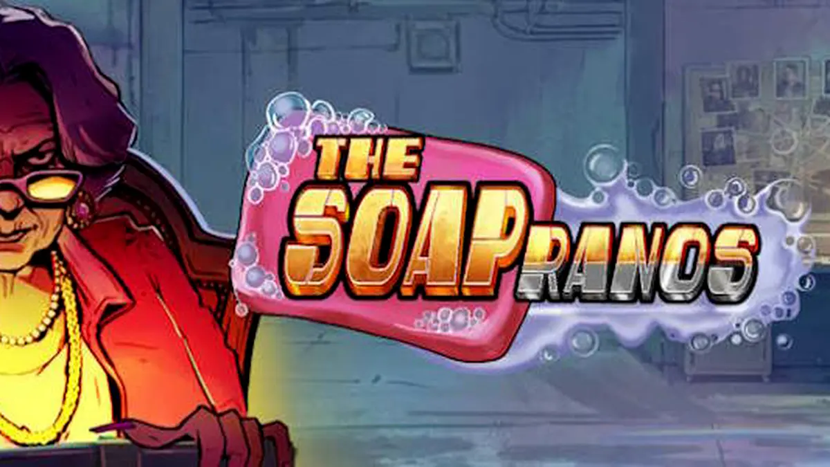 Tampilan visual slot Soapranos dengan elemen neon dan simbol bertema aksi.