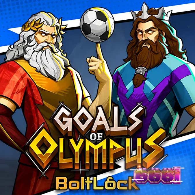 Tampilan visual grid permainan Goals of Olympus BoltLock dengan elemen mitologi dan sepak bola.