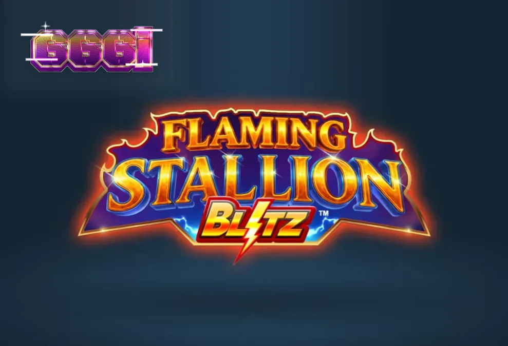 Pemandangan gurun yang membara dengan kuda jantan biru bercahaya dalam slot Flaming Stallion Blitz