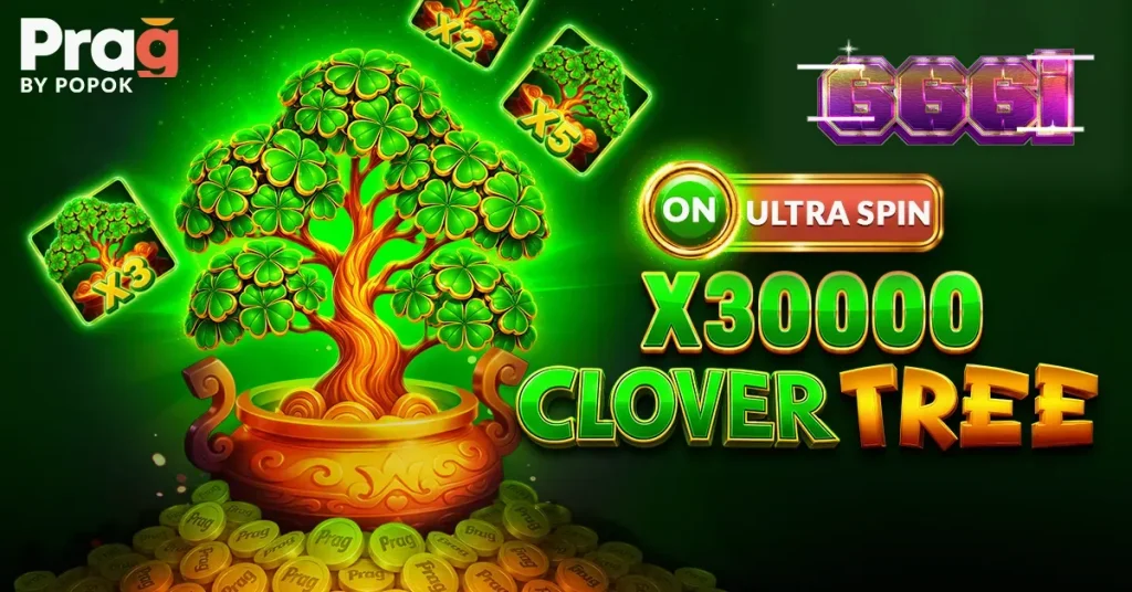 Tampilan visual slot Clover Tree x30000 Prag dengan simbol buah klasik dan latar belakang hijau.